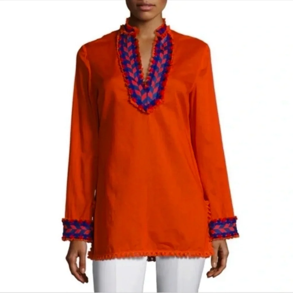Tory Burch Embroidered Cotton Tunic Top with side zip Size 6 |